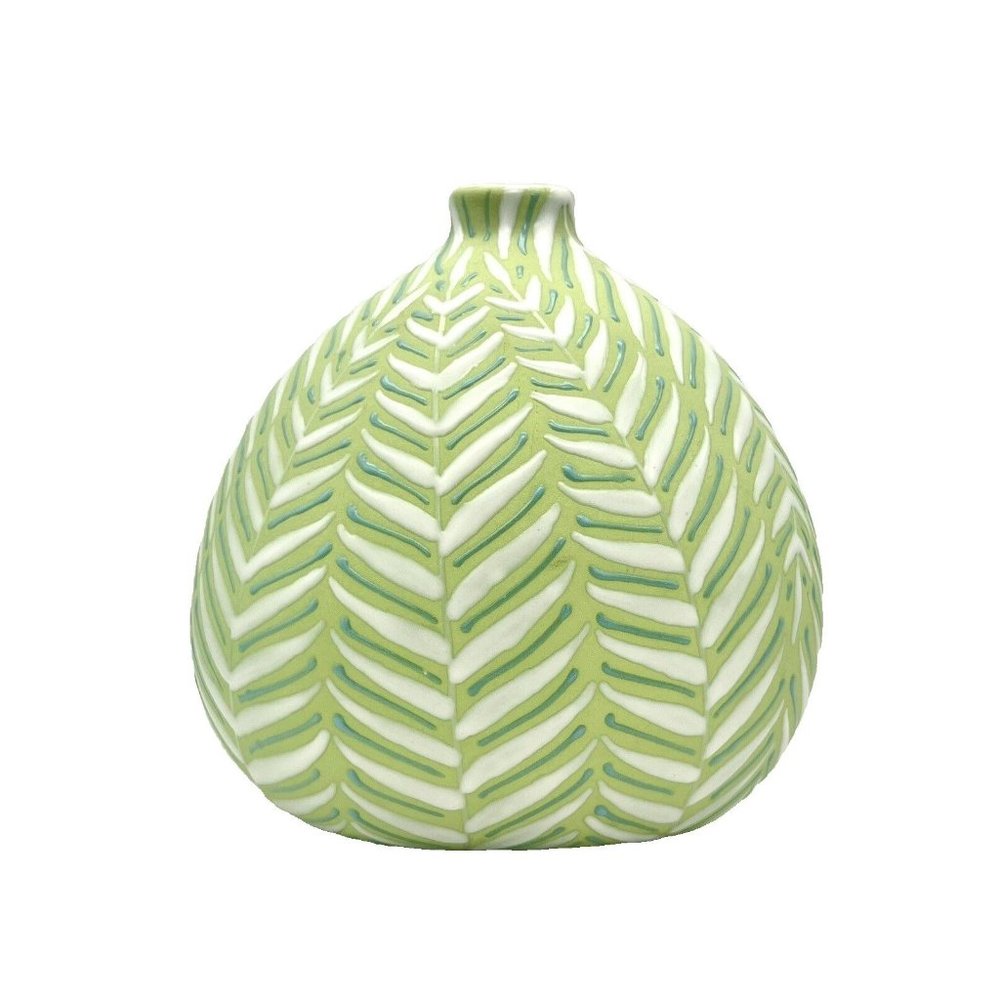 Crate and Barrel Leaf Vase Green and White with Enamel Fern Leaves Botanical - Picture 1 of 8